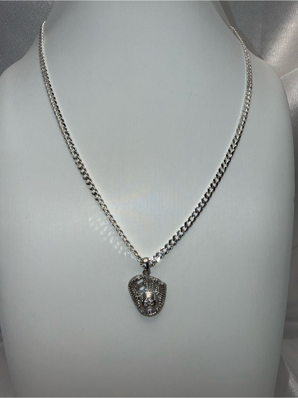 20” Silver-Filled Cuban Link Necklace with Baseball Glove & Ball Pendant 925 stp